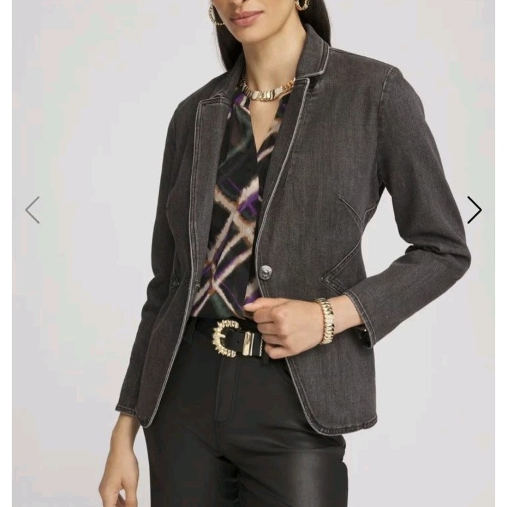 Chico's Denim Blazer Jacket Size 1/ US 8 Women's Button Stretch Gray NWT